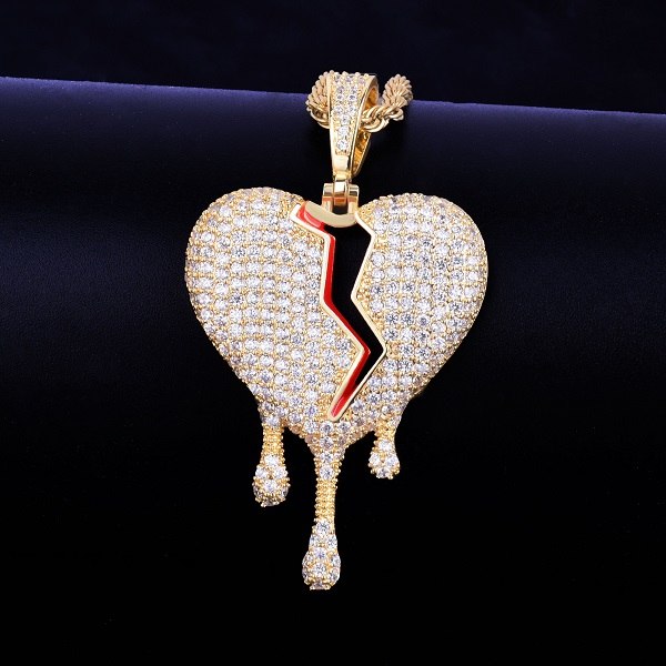 Red Oil Drip 18k Gold .925 Silver Broken Heart AAA True Micro Pave Hip Hop Pendant Chain Necklace