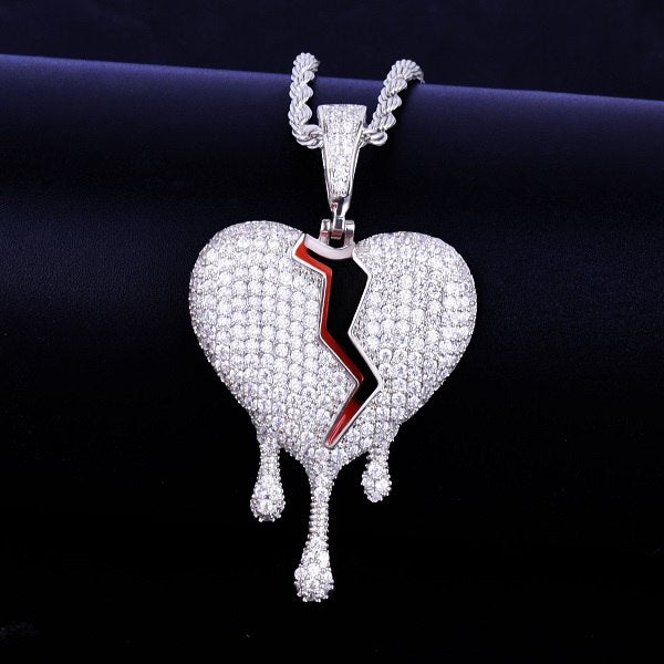 Red Oil Drip 18k Gold .925 Silver Broken Heart AAA True Micro Pave Hip Hop Pendant Chain Necklace