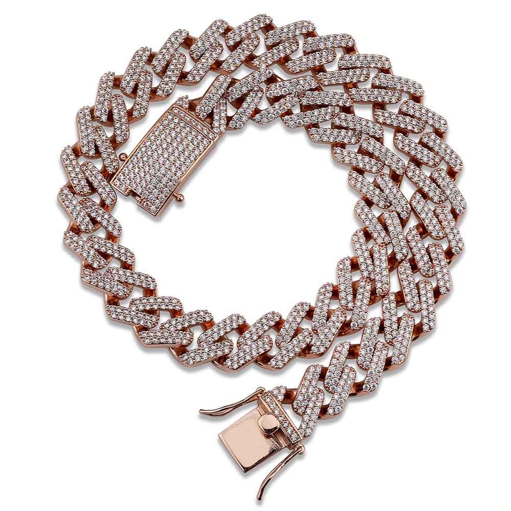 Micro Pave Flooded Ice 14mm Miami Cuban Link Rose Gold Silver Hip Hop Chain Necklace
