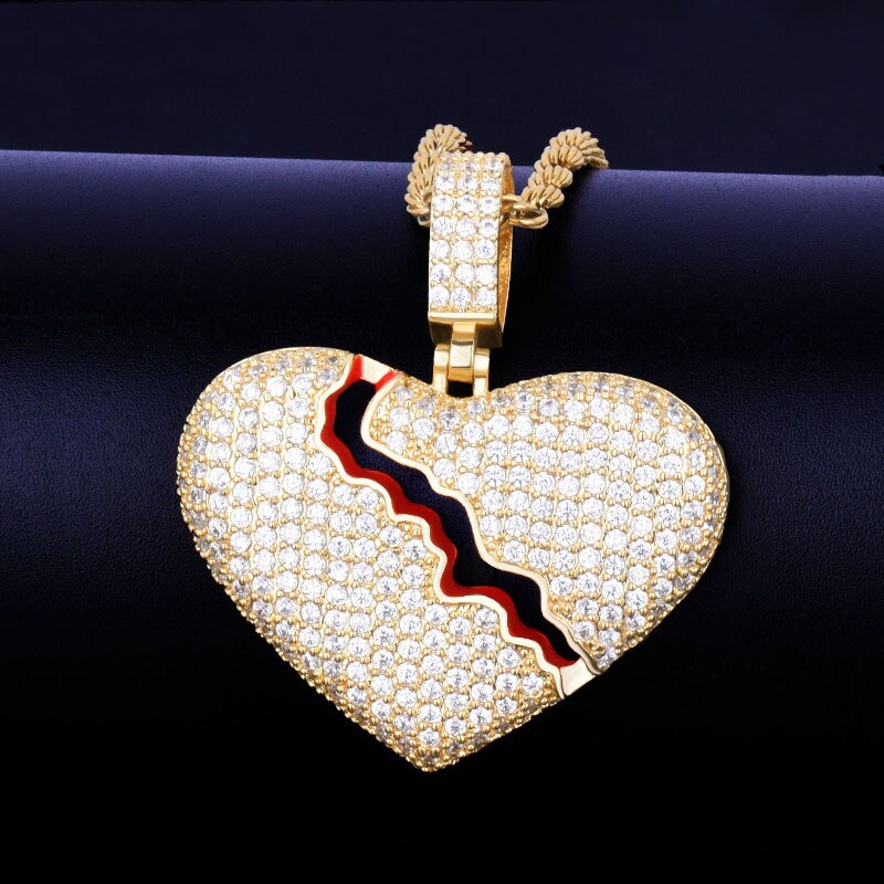 Broken Heart .925 Silver 18k Gold Red Oil Bling Pendant Chain Necklace