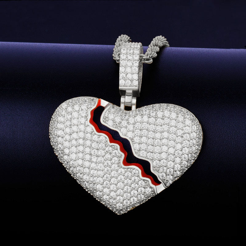 Broken Heart .925 Silver 18k Gold Red Oil Bling Pendant Chain Necklace