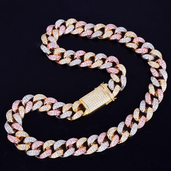 20mm Heavy Tri Color 14k Gold Silver Rose Micro Pave Miami Cuban Link Chain Necklace