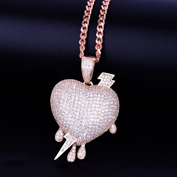 Silver 18k Rose Gold Drip Drop AAA Micro Pave Hip Hop Lightning Heart Pendant Chain Necklace