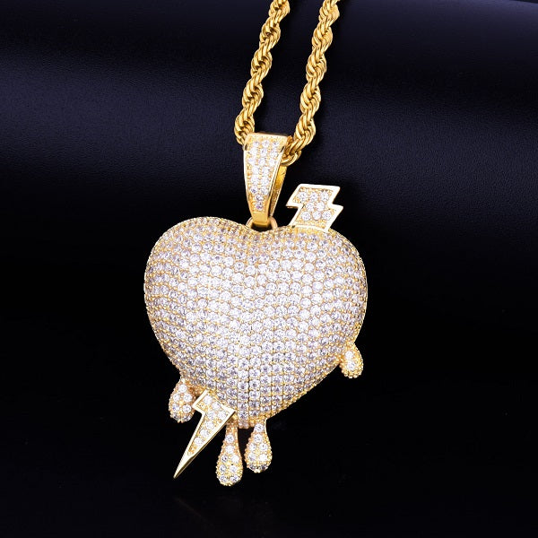 Silver 18k Rose Gold Drip Drop AAA Micro Pave Hip Hop Lightning Heart Pendant Chain Necklace