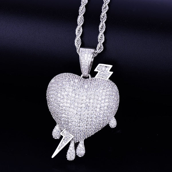 Silver 18k Rose Gold Drip Drop AAA Micro Pave Hip Hop Lightning Heart Pendant Chain Necklace