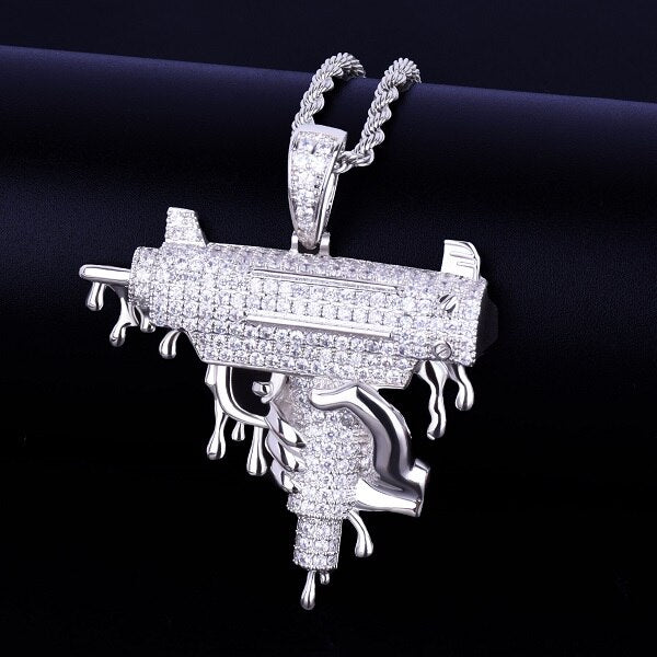 18k Rose Gold .925 Silver Hand Holding Dripping Uzi Machine Gun Hip Hop Micro Pave Pendant