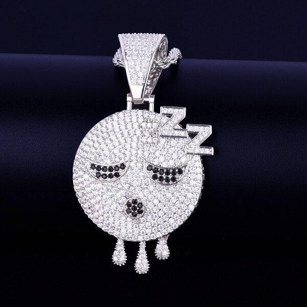 Sleeping Emoji Dripping Face Hip Hop Mico Pave AAA True Micro Pave 18k Rose Gold Silver Pendant