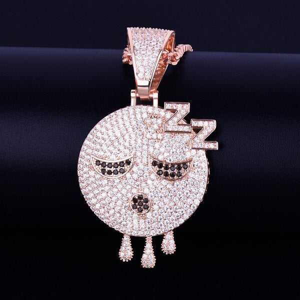 Sleeping Emoji Dripping Face Hip Hop Mico Pave AAA True Micro Pave 18k Rose Gold Silver Pendant