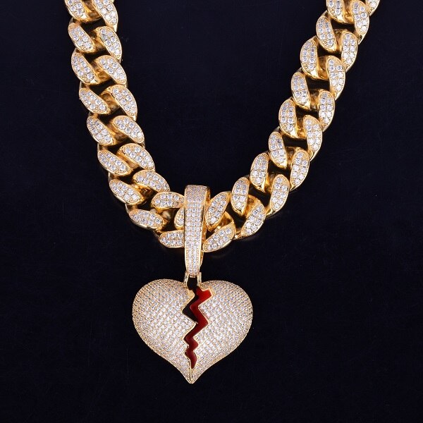 20MM Cuban Link 24k Gold Silver Broken Heart Pendant Hip Hop Chain