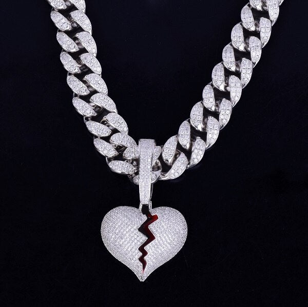 20MM Cuban Link 24k Gold Silver Broken Heart Pendant Hip Hop Chain Necklace