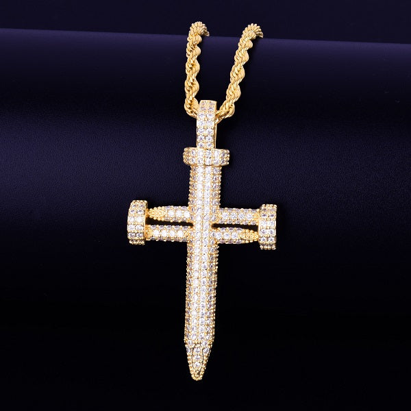 Radiant Grace | 18k Gold .925 Silver Flooded Crushed Ice Jesus Nail Cross Pendant