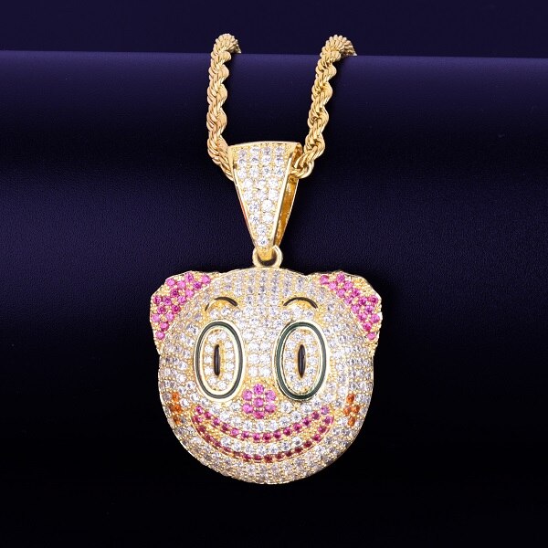 Hip Hop Clown Face Emoji AAA True Micro Pave 18k Gold .925 Silver Pendant Chain Necklace
