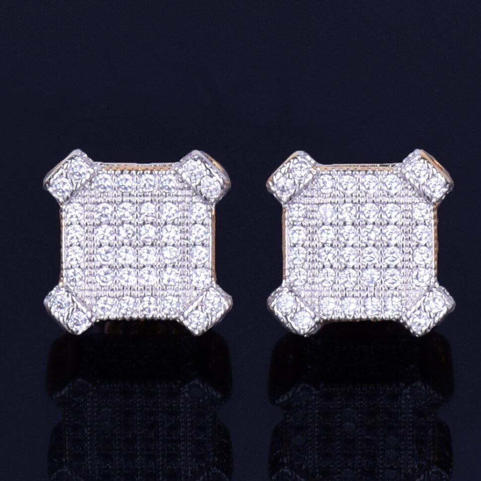 Catercorner | 10mm Square 18k Gold 925 Silver Bling AAA Micro Pave Iced Earrings