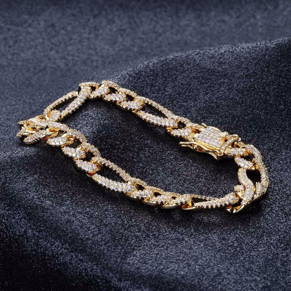 Mens 14k Gold Silver 10mm Box Lock Figaro Link Micro Pave Bling Bling Chain Bracelet