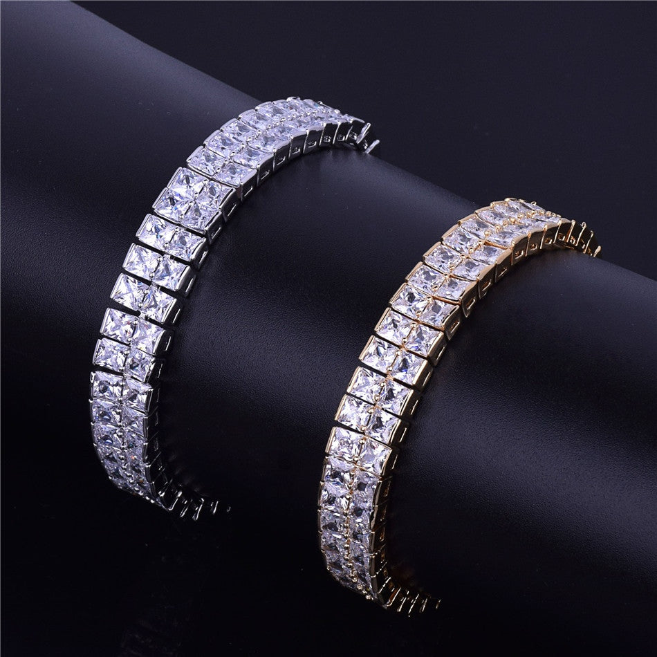 24k Gold Silver 10mm Iced 2 Row Lab Diamond Simulate Princess Cut Tennis Bracelet