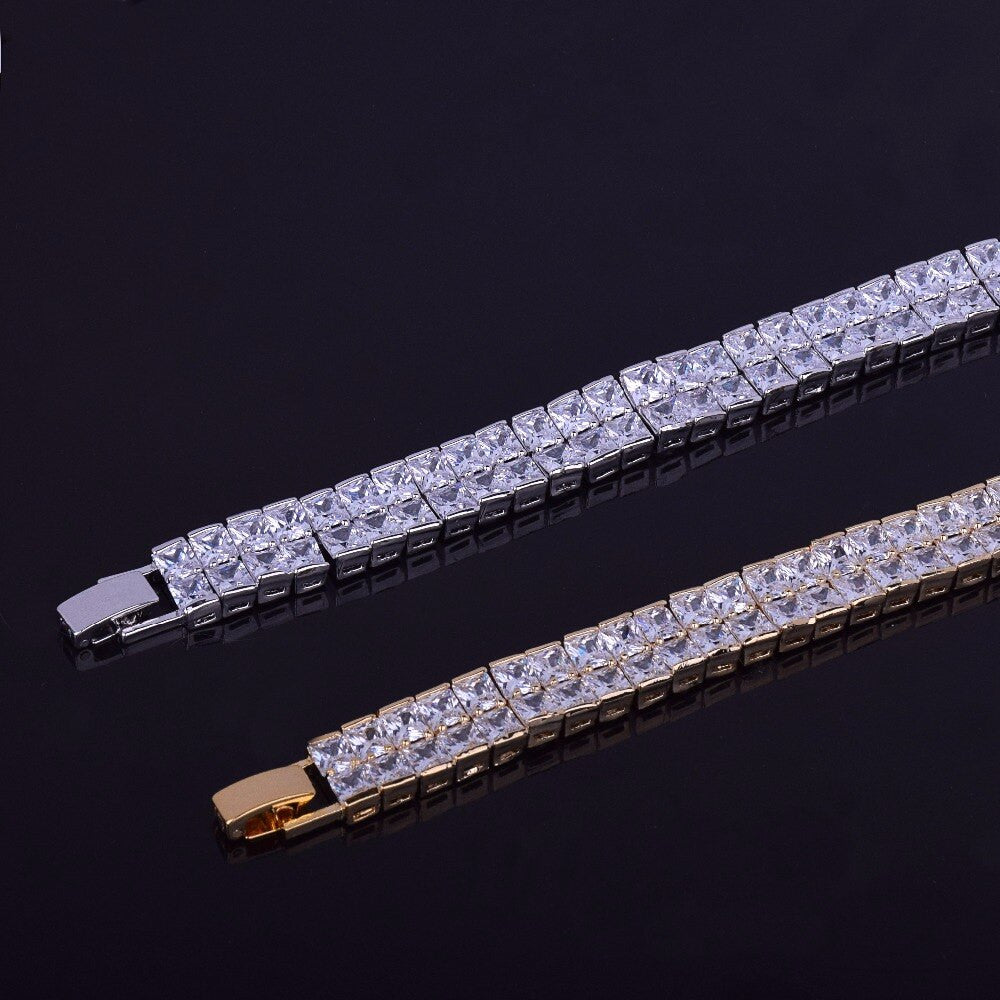 24k Gold Silver 10mm Iced 2 Row Flooded Ice Princess Cut Tennis Bracelet