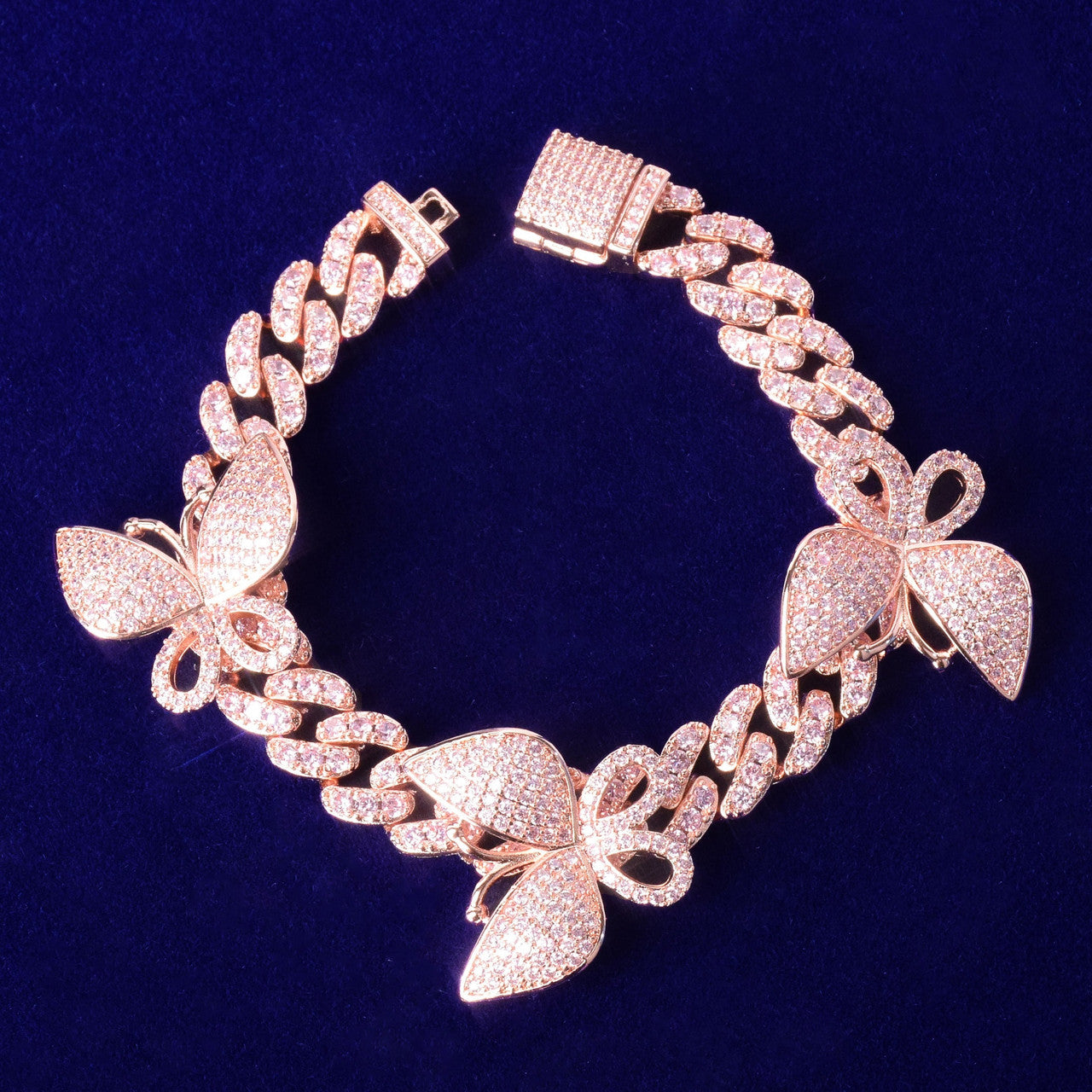 AAA True Micro Pave 18k Gold 10mm Pink Butterfly Miami Cuban Link Ankle Anklets Bracelet