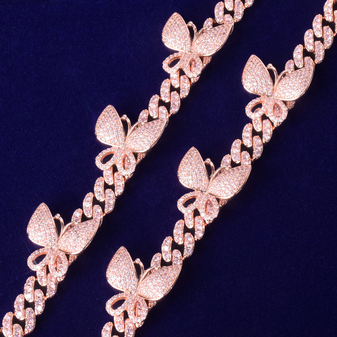 24k Rose Gold Sexy Ladies 10mm Miami  Cuban Link Pink Butterfly AAA Micro Pave Bracelet