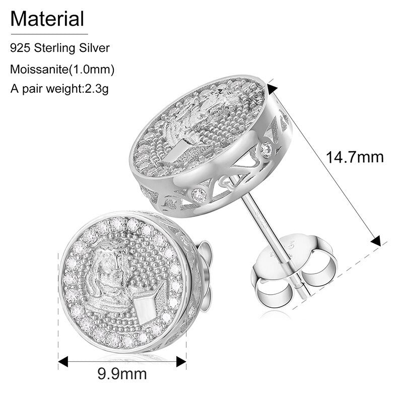 10mm Genuine VVS Diamond Solid Sterling Silver Jesus Piece Hip Hop Iced Earrings