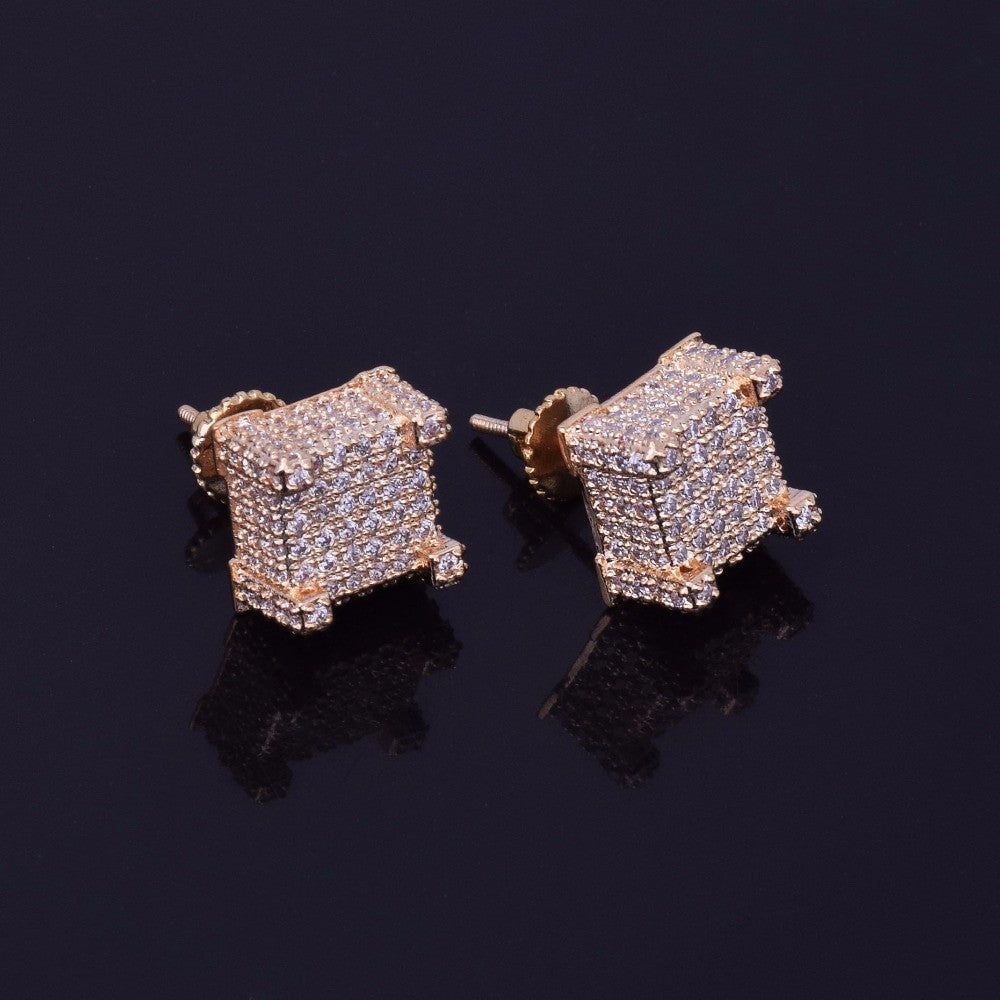 The Cube | 10x10mm Mens Flooded Ice Micro Pave Bling Screw Back Earrings
