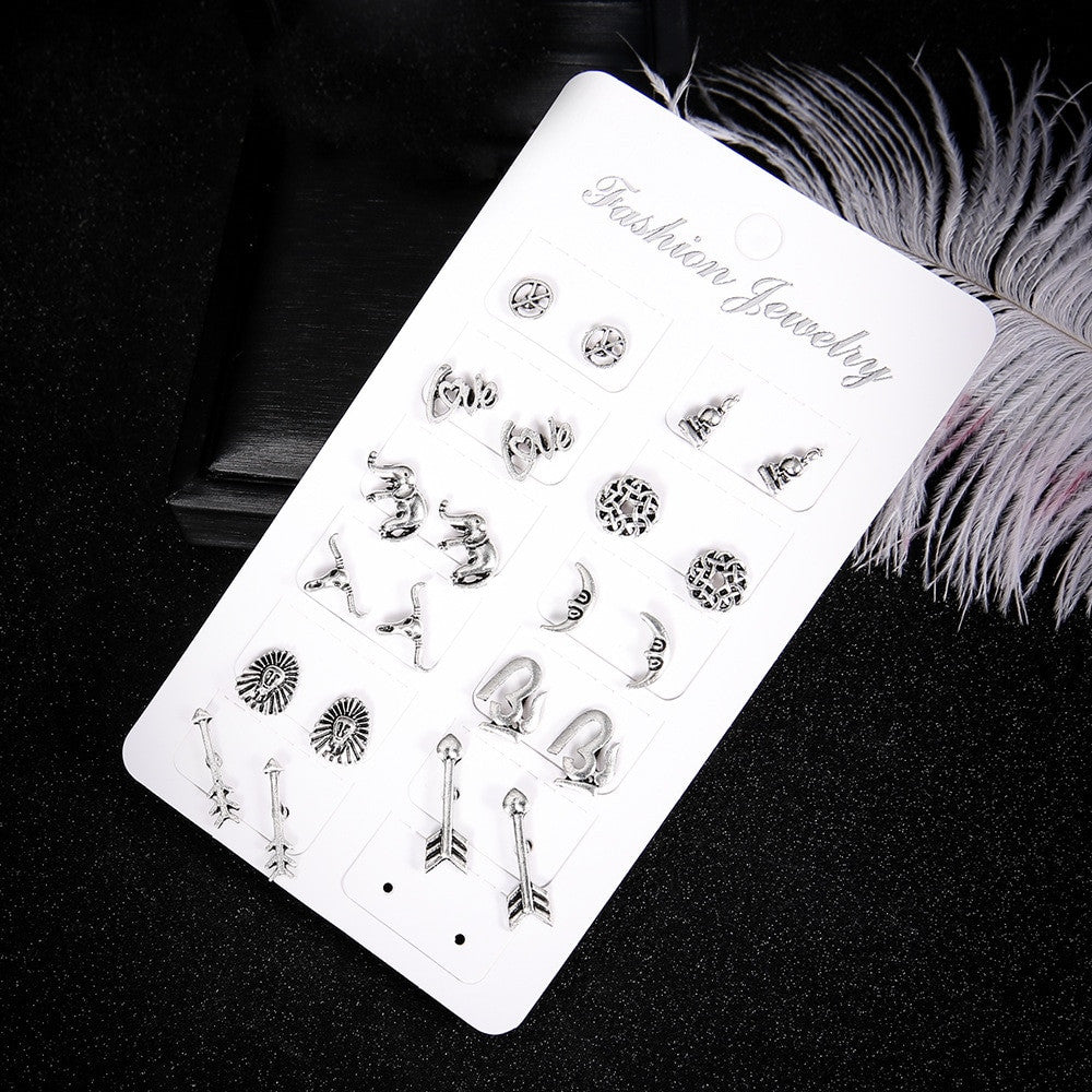 Boho Fashion 11 Pair Retro Moon Elephant Buddha Flower Arrow Delicate Silver Earrings Silver Set