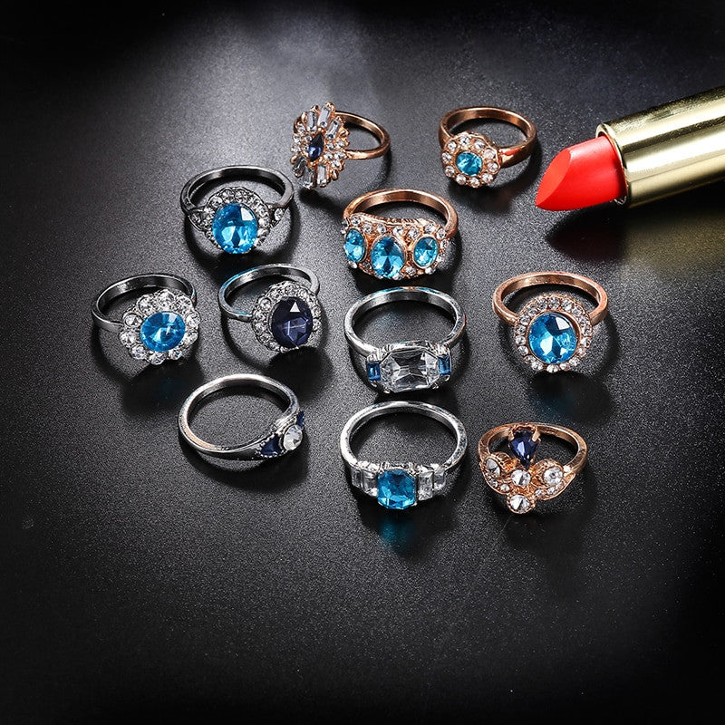 11 Piece Delicate Luxury Women Blue Crystal Water Drop Flower Ring Jewelry Set