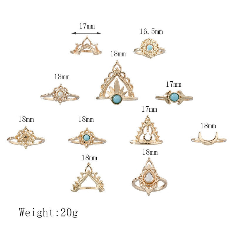 Ladies 11 Piece Gold Vintage Crown Moon Fishtail Gem Ring Jewelry Set