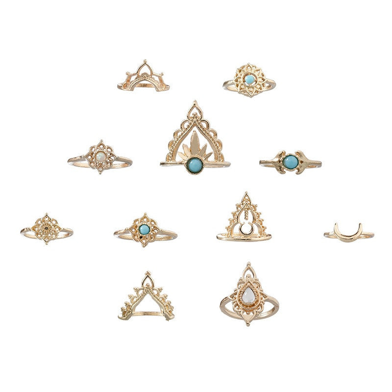 Ladies 11 Piece Gold Vintage Crown Moon Fishtail Gem Ring Jewelry Set