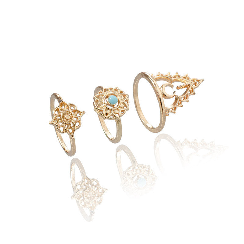 Ladies 11 Piece Gold Vintage Crown Moon Fishtail Gem Ring Jewelry Set