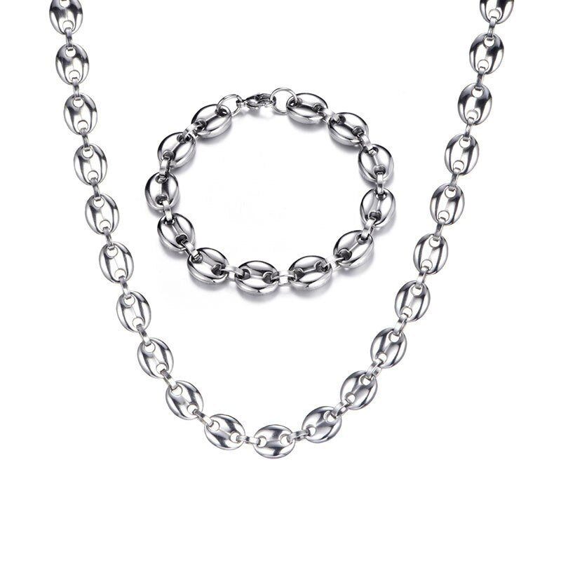 11MM G Link Coffee Beans Stainless Steel 14k Gold Silver Hip Hop Chain Bracelet Jewelry Set