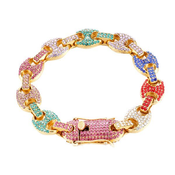 Iced Multi-Color 12mm Simulated Diamond 14k Gold Silver G Link Coffee Bean Bracelets