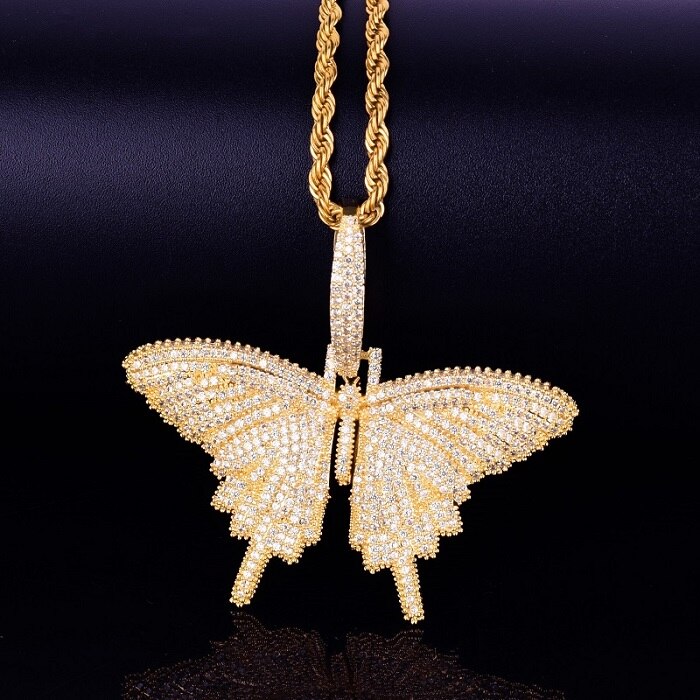 18k Gold .925 Silver Micro Pave Stone Enchanted Butterfly Iced Pendant Chain Necklace