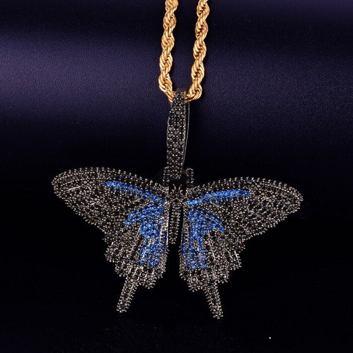 18k Gold .925 Silver Micro Pave Stone Enchanted Butterfly Iced Pendant Chain Necklace