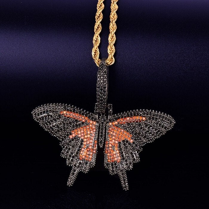 18k Gold .925 Silver Micro Pave Stone Enchanted Butterfly Iced Pendant Chain Necklace