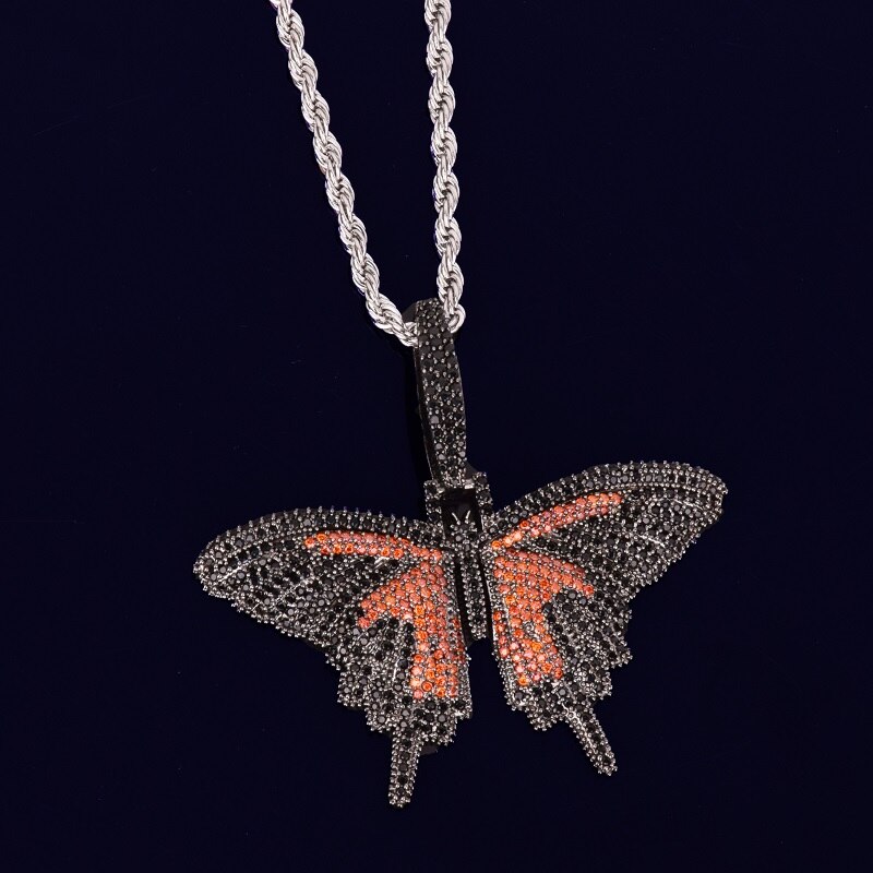 18k Gold .925 Silver Micro Pave Stone Enchanted Butterfly Iced Pendant Chain Necklace