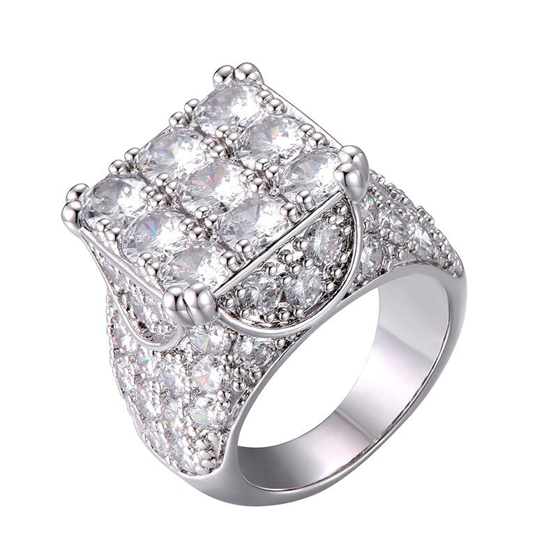 Hip Hop Full AAA Simulate Diamond 14k Gold Silver 9 Cut Bling Iced Rings
