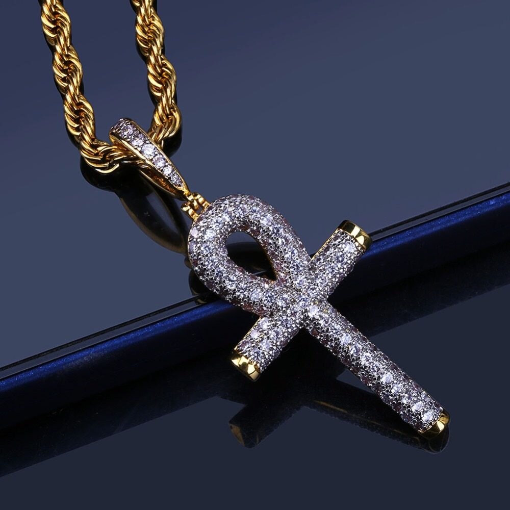 AAA Micro Pave 14k Gold Silver Hip Hop Key Of Life Original Ankh Cross Pendant Chain Necklaces