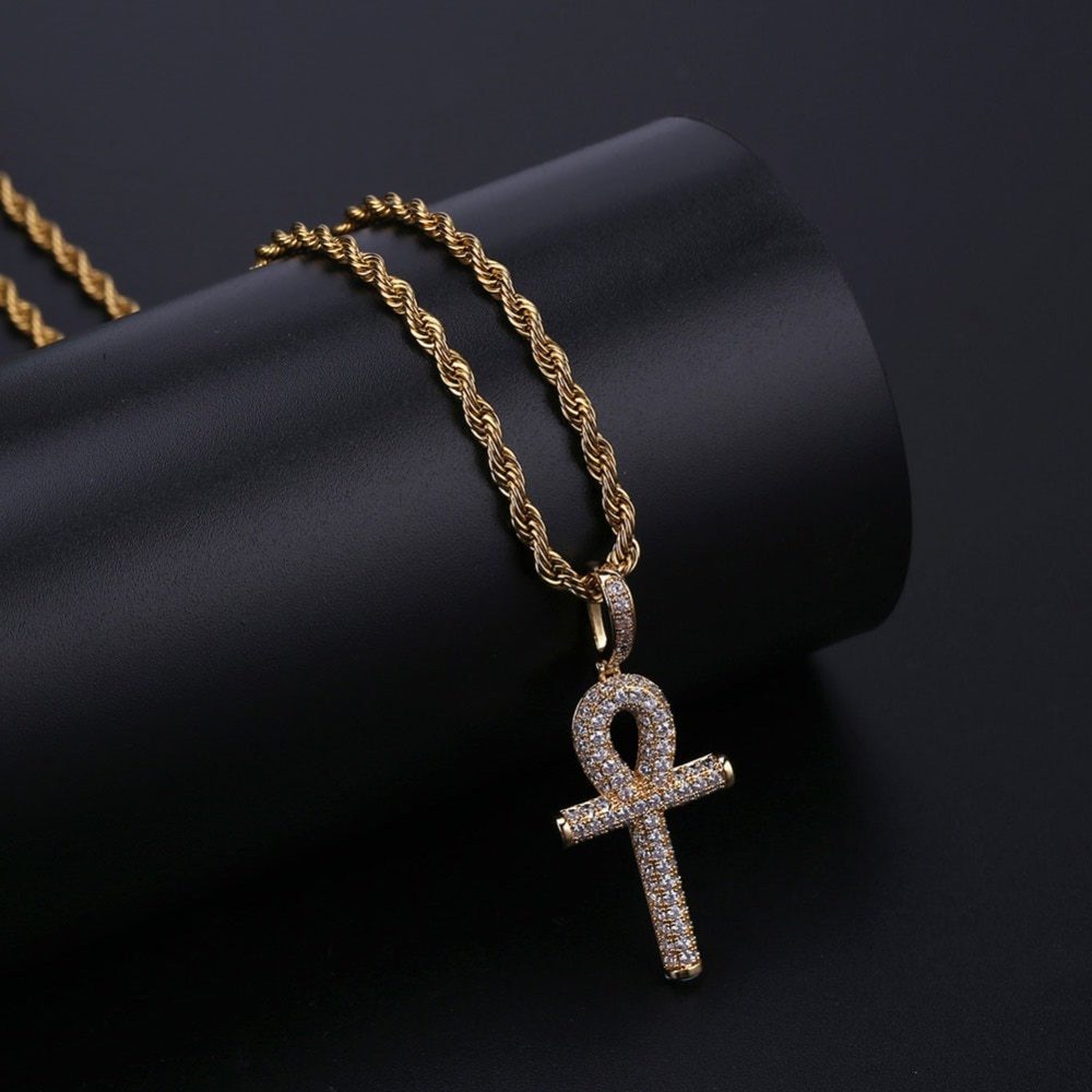 AAA Micro Pave 14k Gold Silver Hip Hop Key Of Life Original Ankh Cross Pendant Chain Necklaces