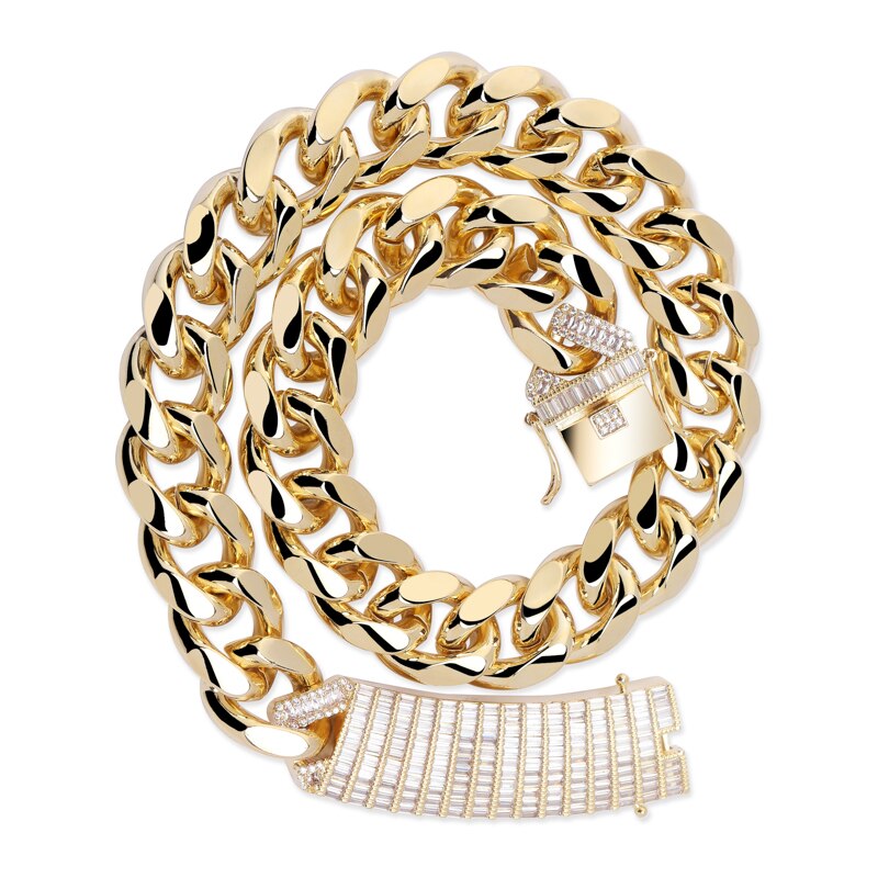 Iced 18mm Long Lock Clasp Blinged Out AAA Baguette Prong Pave Setting Cuban Link Chain Necklace