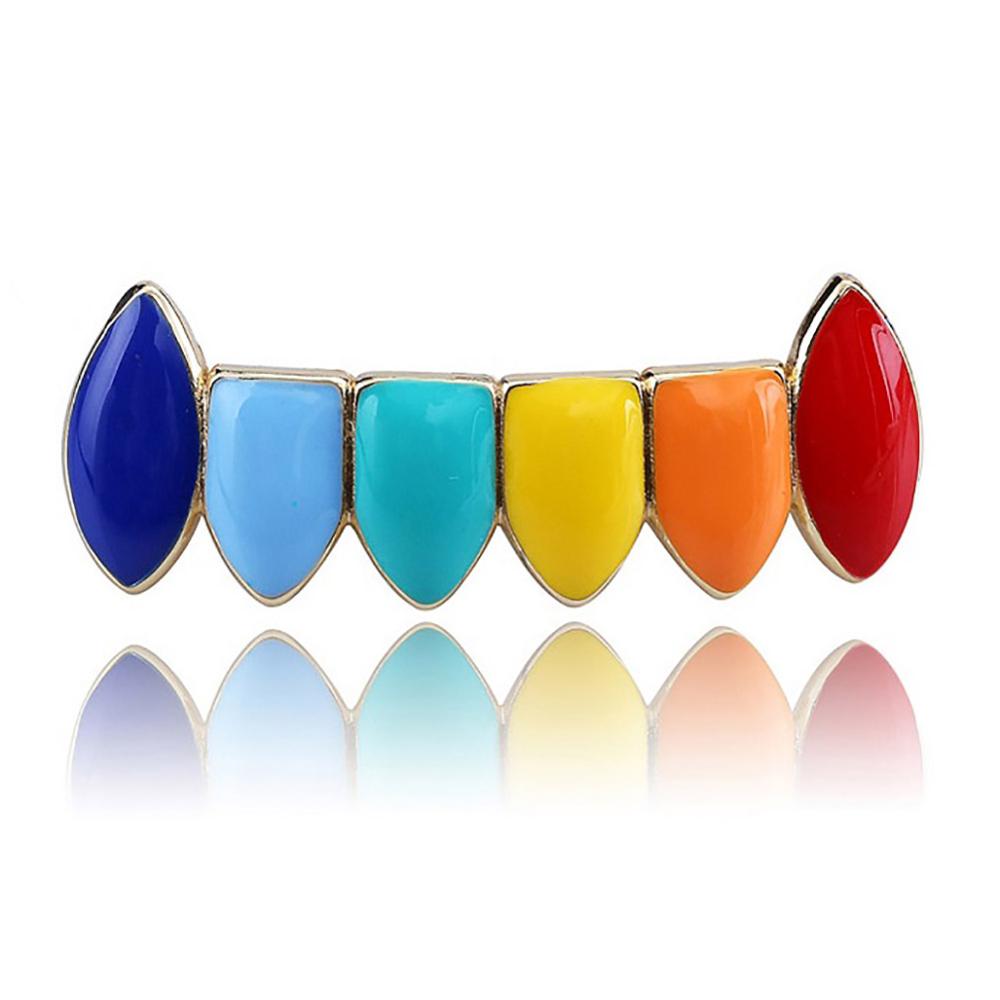 Hip Hop Gold Silver Rainbow Teeth Grillz Top Bottom Colorful Grills Set