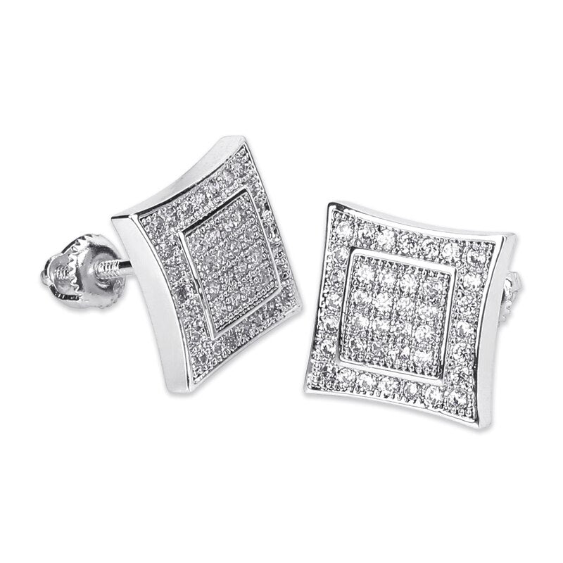 AAA Micro Pave Double Squared Hip Hop 14k Gold 925 Silver Flooded Ice Earrings