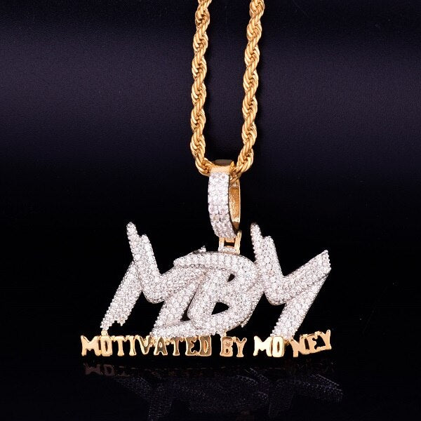 AAA True Micro Pave Motivated By Money Flooded Ice MBM 18k Gold Pendant Chain