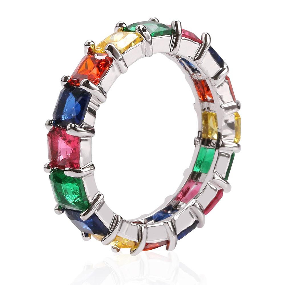 Silver 14k Gold 1 Row Colorful Solitaire Princess Cut Square AAA Stone Ring