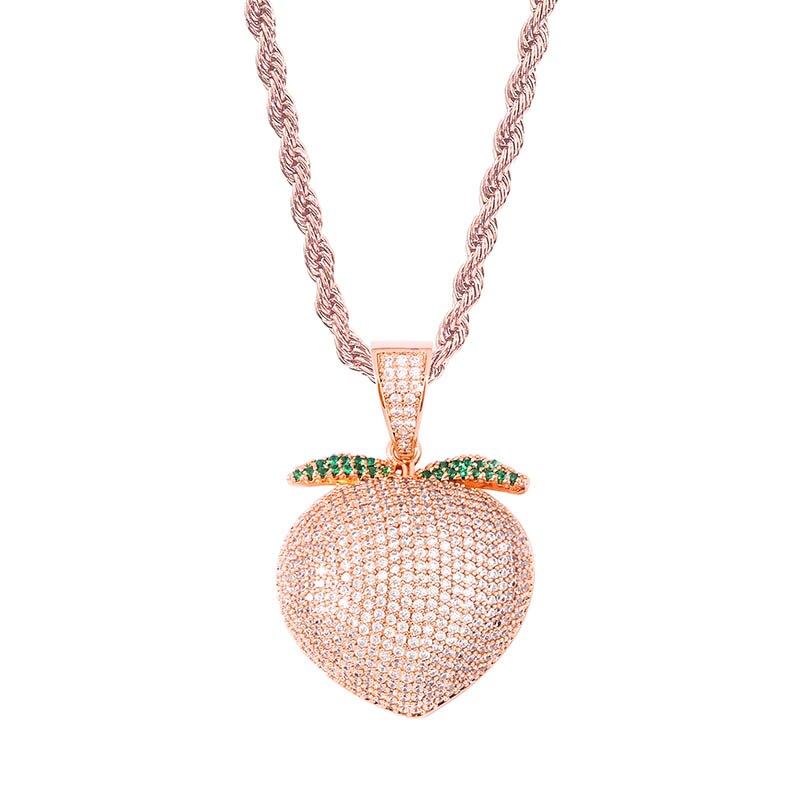 Silver 18k Rose Gold Bling AAA Micro Pave Sweet Peach Pendant Chain Necklace