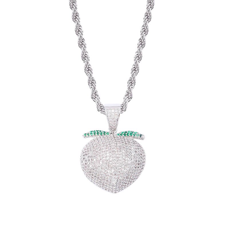 Silver 18k Rose Gold Bling AAA Micro Pave Sweet Peach Pendant Chain Necklace