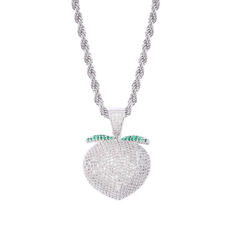 Silver 18k Rose Gold Bling AAA Micro Pave Sweet Peach Pendant Chain Necklace