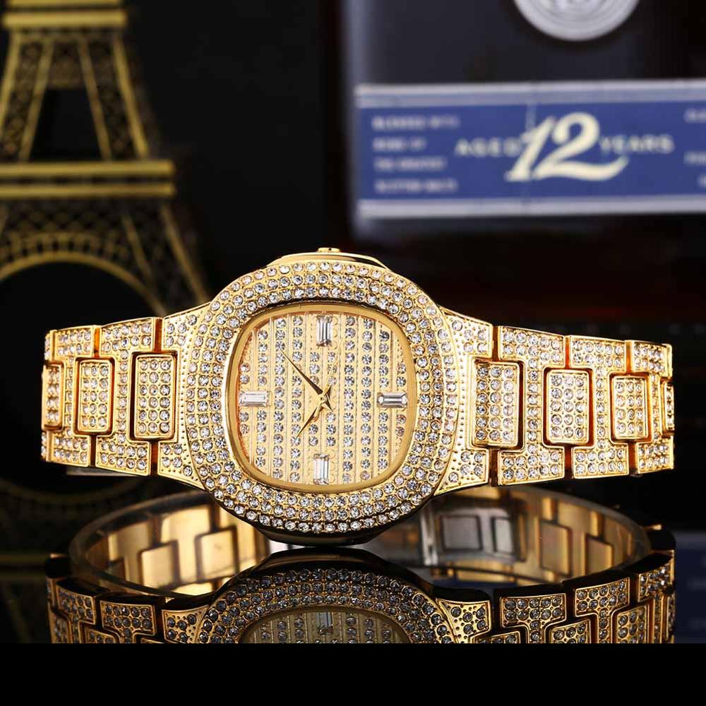Famous Flooded Ice Diamond Simulate Stainless Steel Timepiece 18k Gold Silver Rose Gold Bling Watch