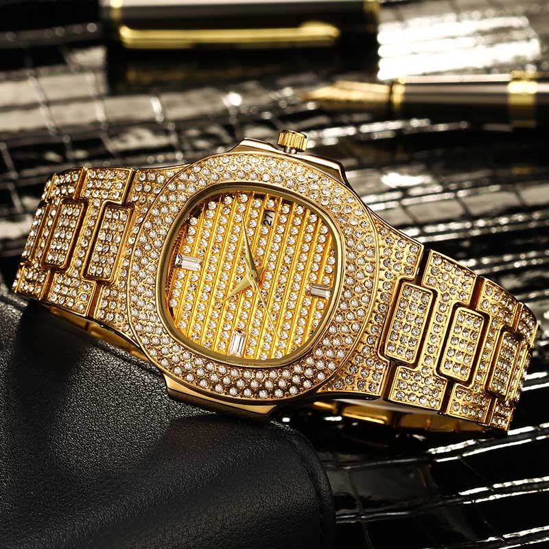 Famous Flooded Ice Diamond Simulate Stainless Steel Timepiece 18k Gold Silver Rose Gold Bling Watch