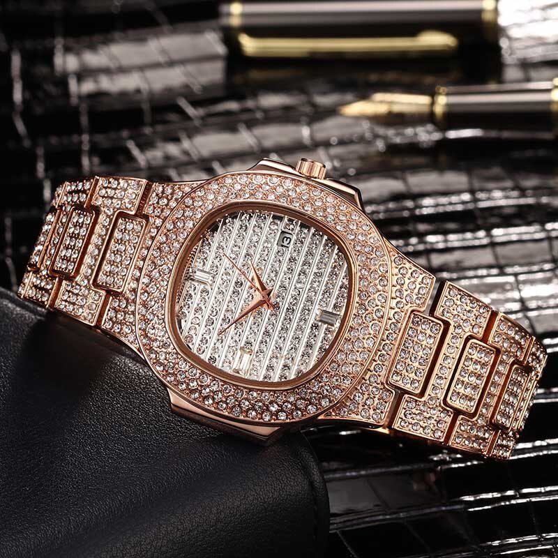 Famous Flooded Ice Diamond Simulate Stainless Steel Timepiece 18k Gold Silver Rose Gold Bling Watch