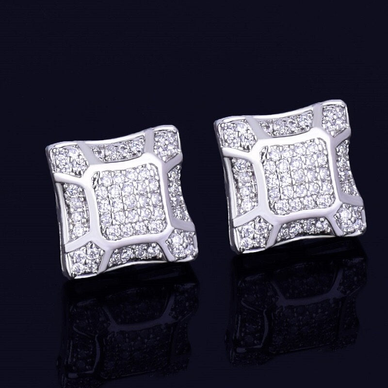Cracked Ice | 11MM 14k Gold Silver Square Men's Iced Blinged Out Screw Back Earrings